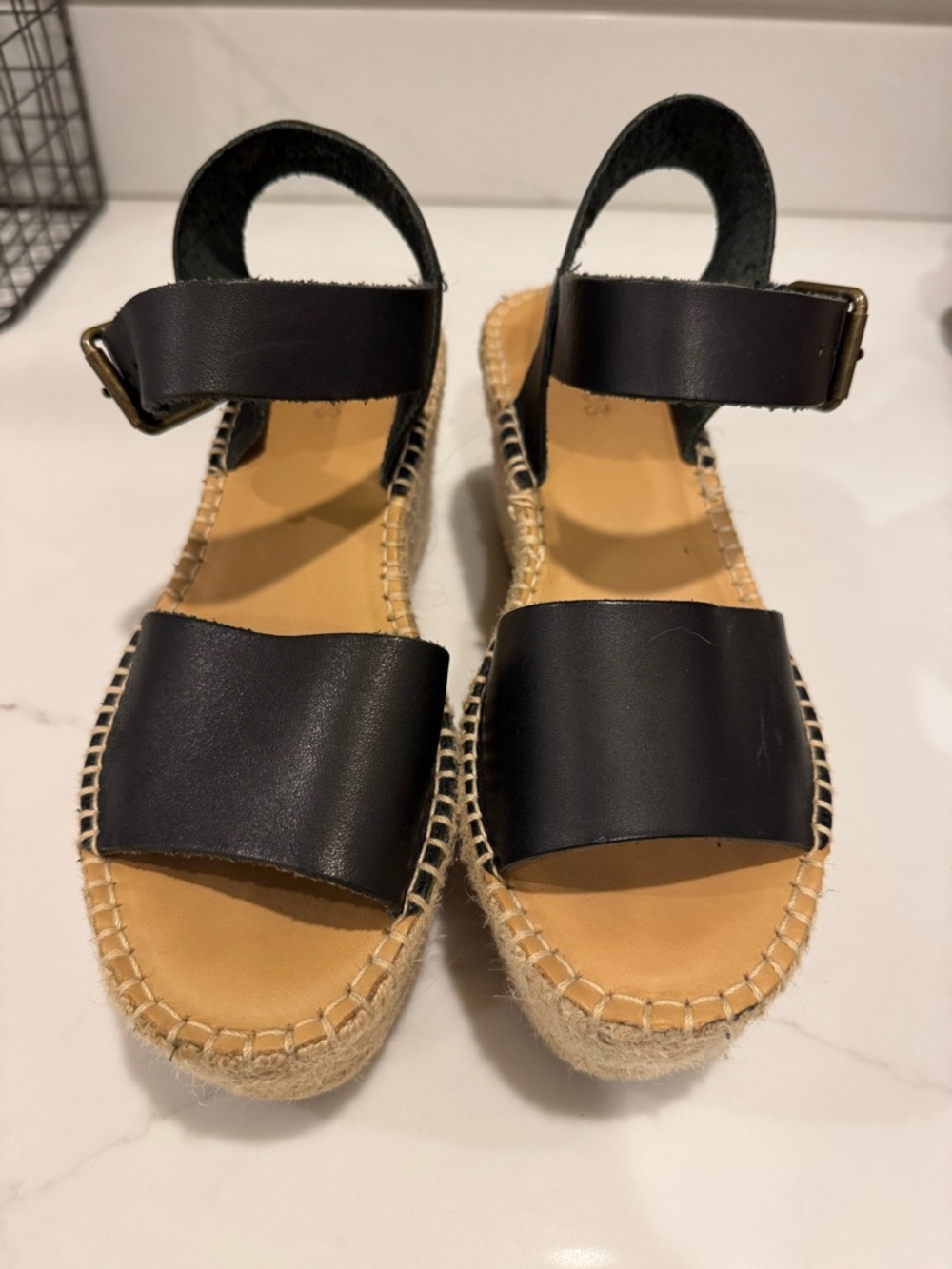 Soludos Black Leather Espadrille Platform Sandals
